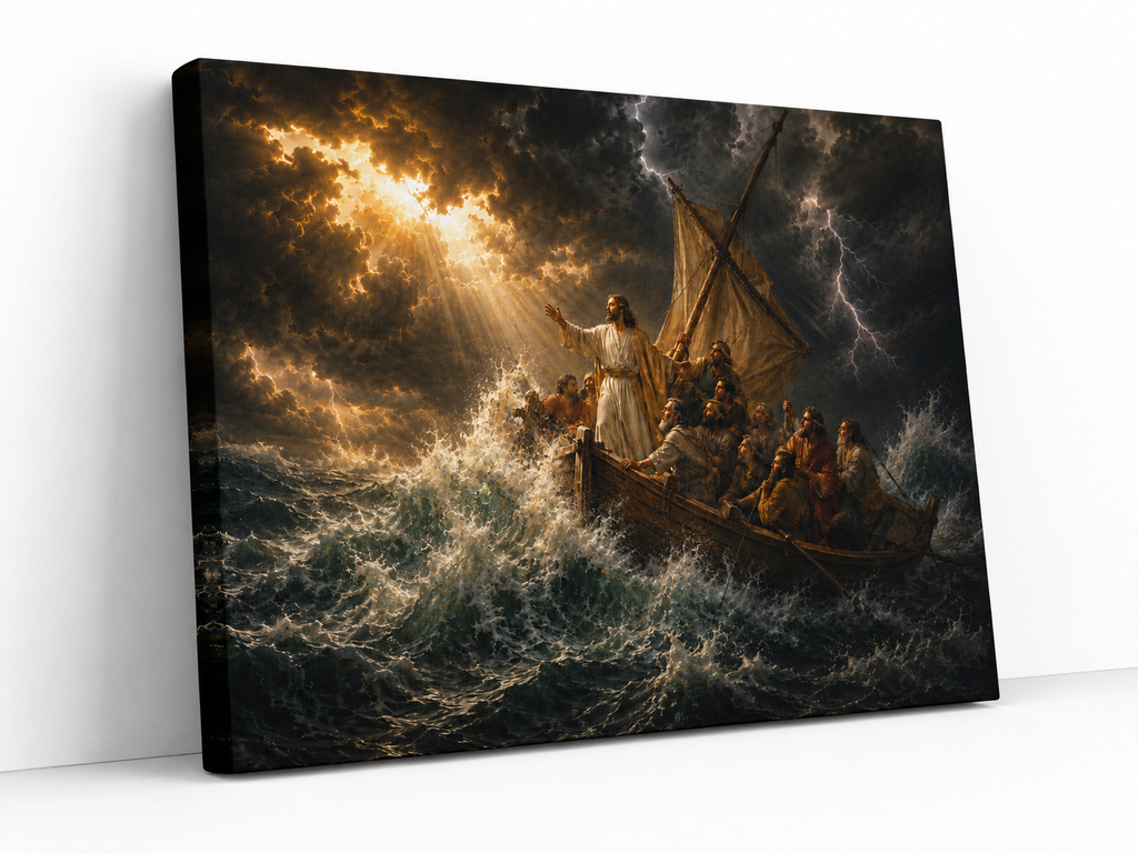 Jesus Calms the Storm on the Sea of Galilee Canvas Wall Art, Christian Decor