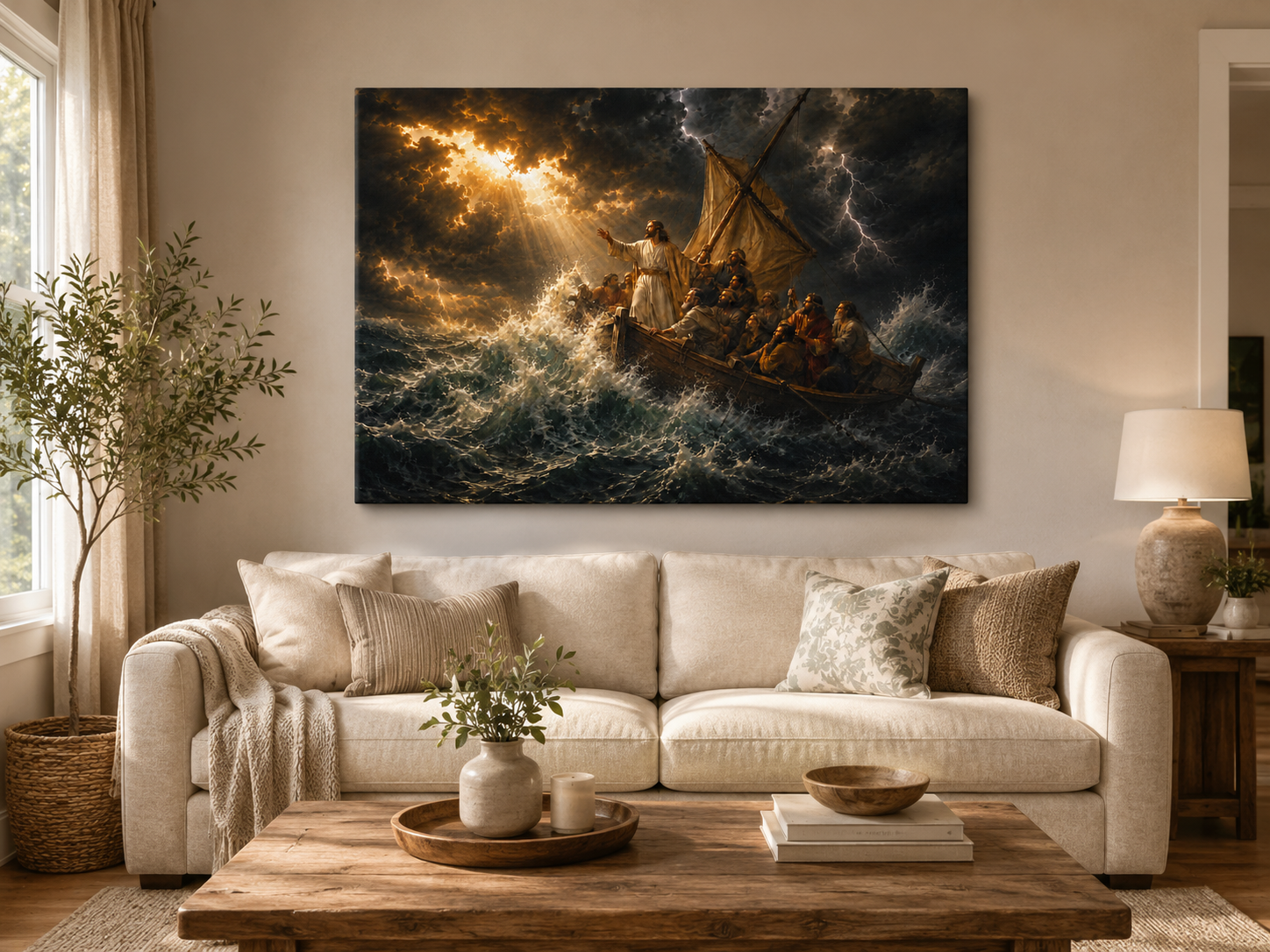 Jesus Calms the Storm on the Sea of Galilee Canvas Wall Art, Christian Decor