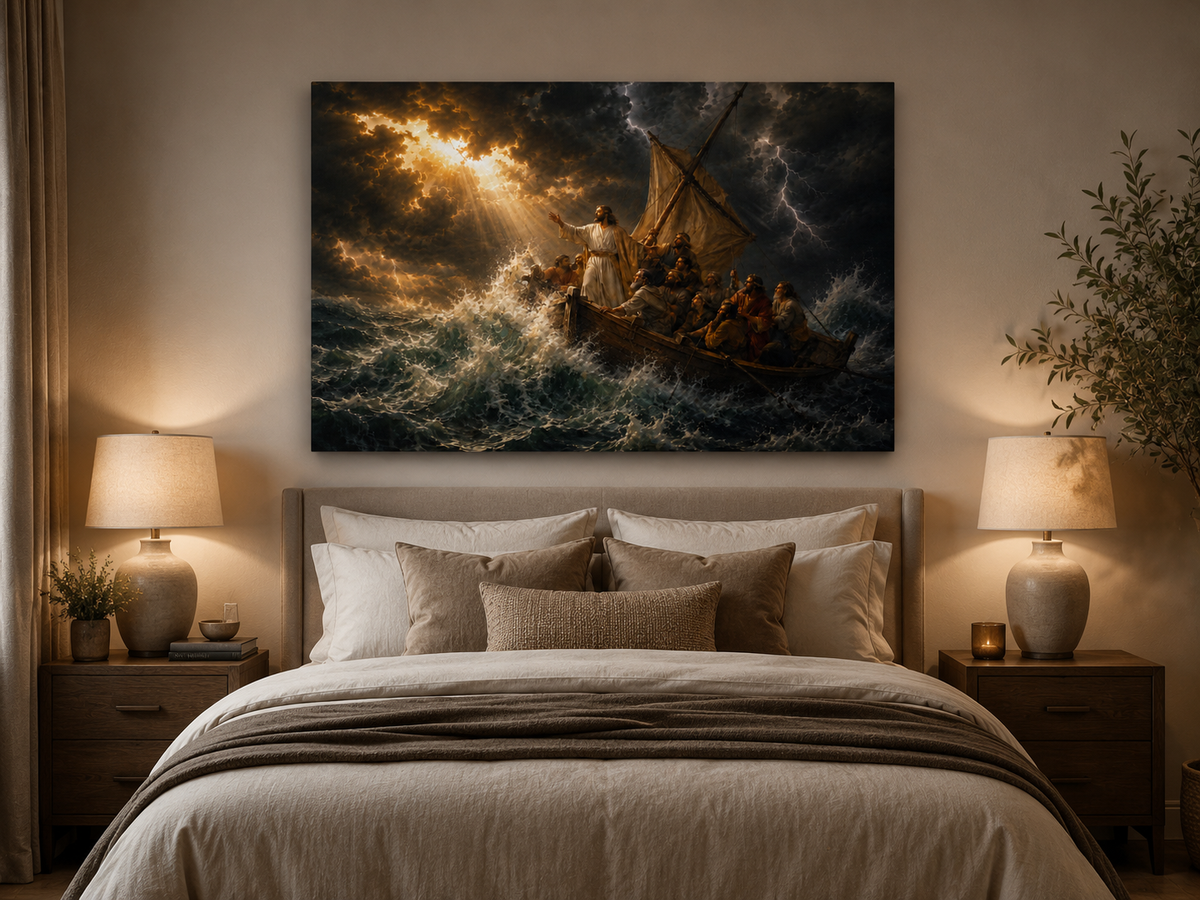 Jesus Calms the Storm on the Sea of Galilee Canvas Wall Art, Christian Decor