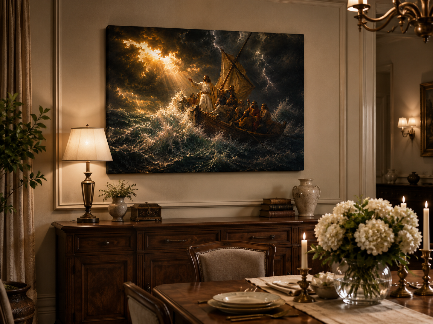 Jesus Calms the Storm on the Sea of Galilee Canvas Wall Art, Christian Decor