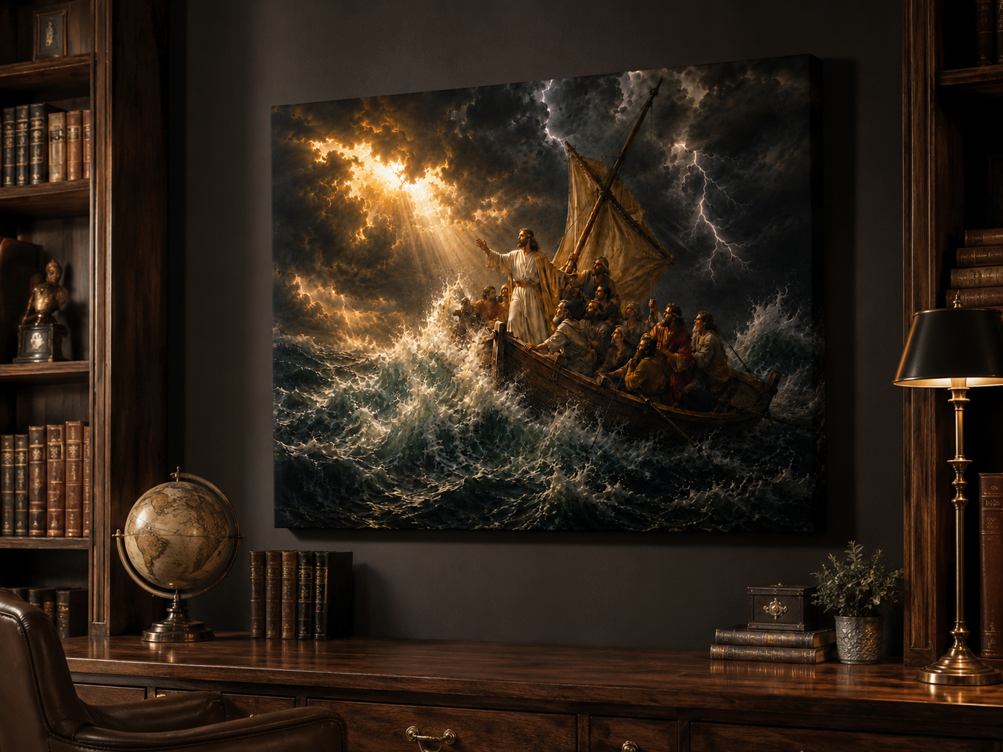 Jesus Calms the Storm on the Sea of Galilee Canvas Wall Art, Christian Decor