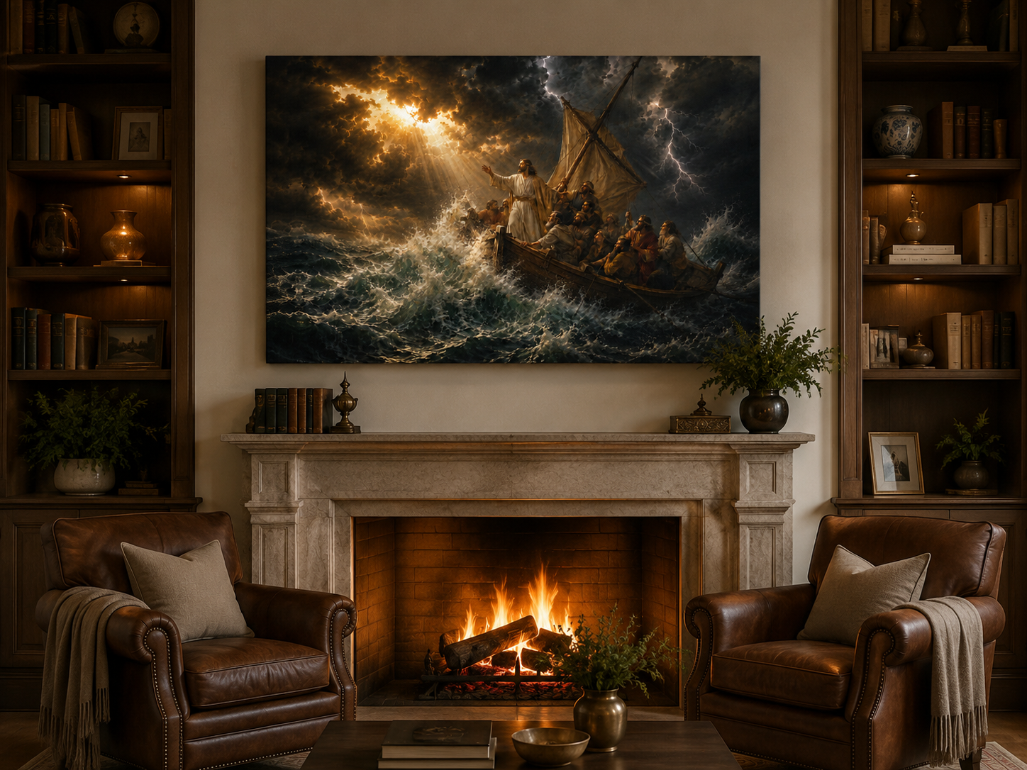 Jesus Calms the Storm on the Sea of Galilee Canvas Wall Art, Christian Decor