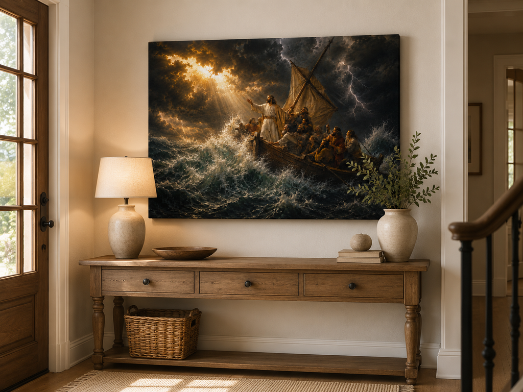 Jesus Calms the Storm on the Sea of Galilee Canvas Wall Art, Christian Decor