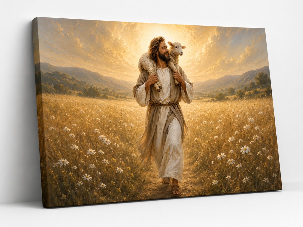 Jesus the Good Shepherd with Lamb Canvas Wall Art, Christian Faith Home Decor
