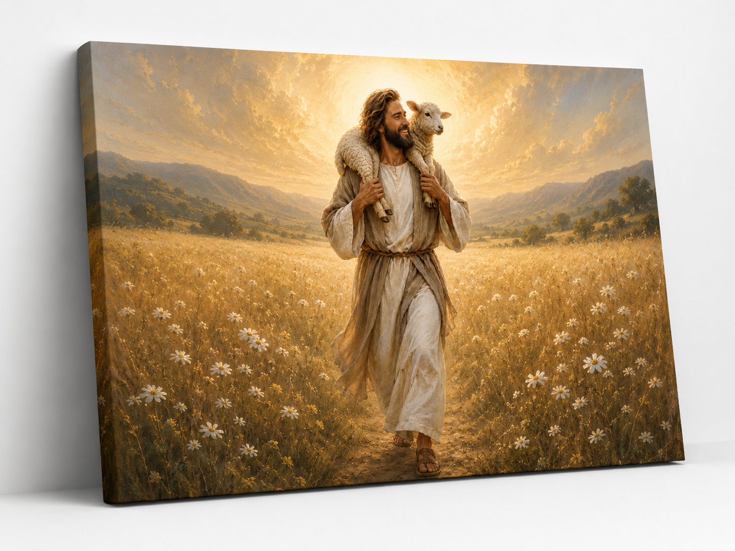 Jesus the Good Shepherd with Lamb Canvas Wall Art, Christian Faith Home Decor