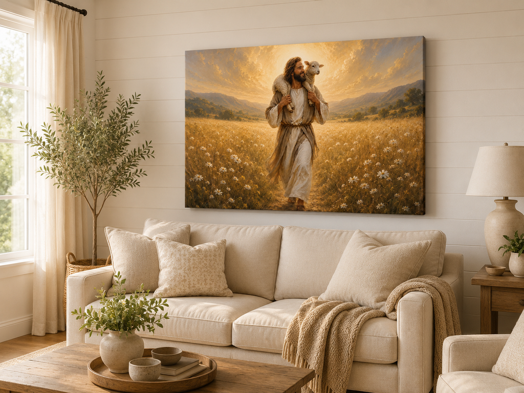 Jesus the Good Shepherd with Lamb Canvas Wall Art, Christian Faith Home Decor