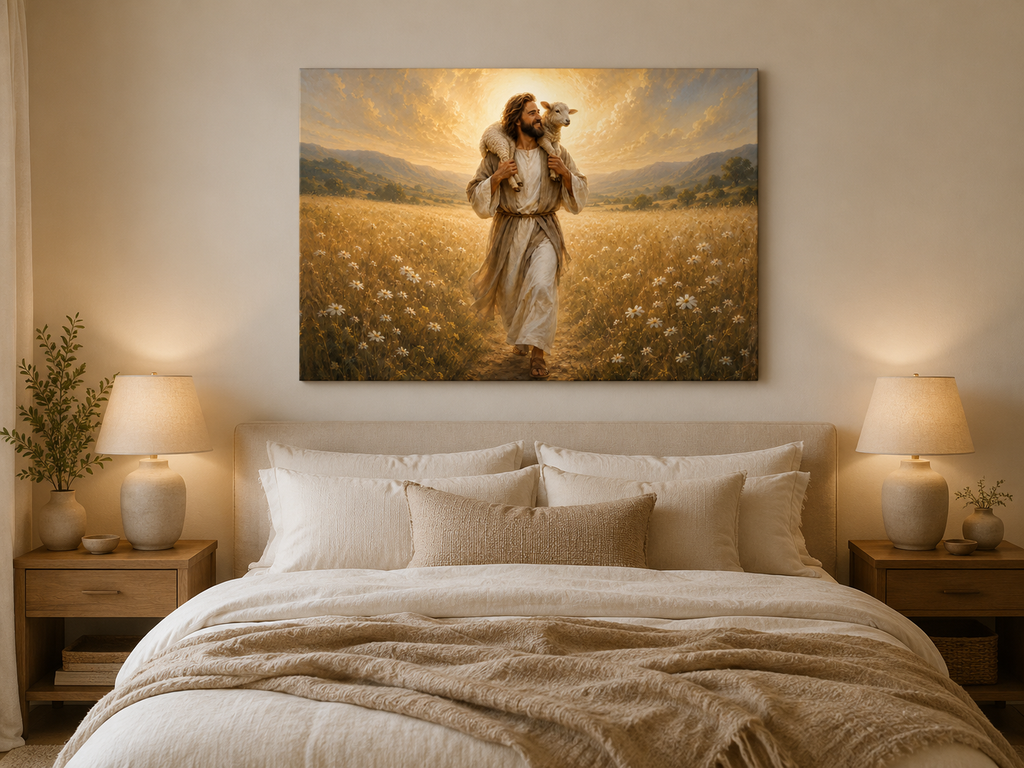 Jesus the Good Shepherd with Lamb Canvas Wall Art, Christian Faith Home Decor