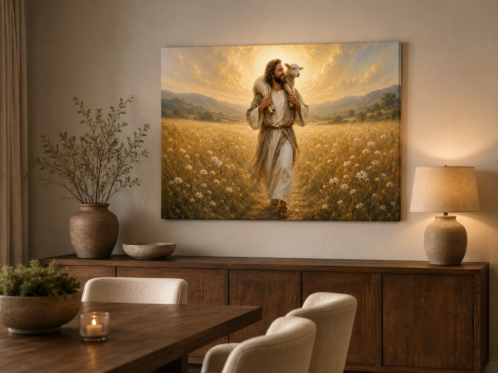 Jesus the Good Shepherd with Lamb Canvas Wall Art, Christian Faith Home Decor