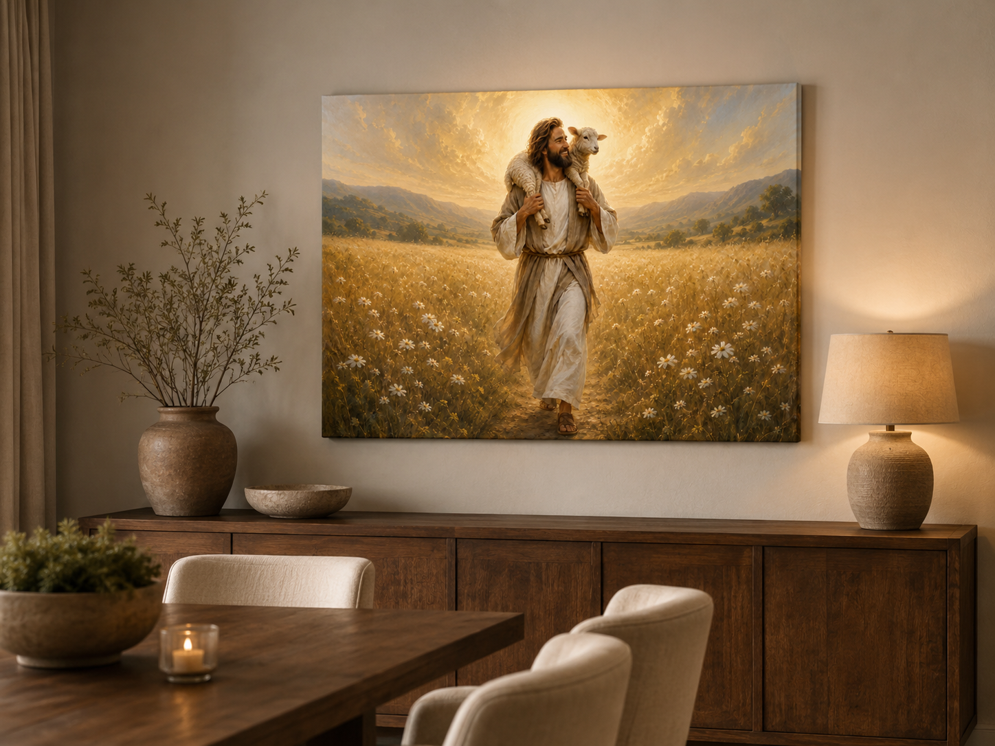 Jesus the Good Shepherd with Lamb Canvas Wall Art, Christian Faith Home Decor