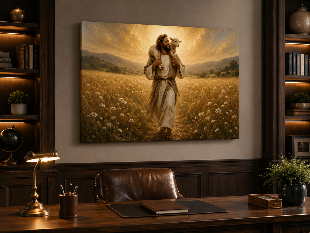 Jesus the Good Shepherd with Lamb Canvas Wall Art, Christian Faith Home Decor