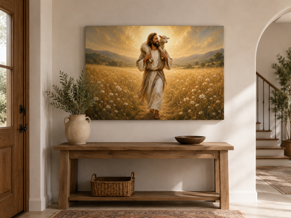 Jesus the Good Shepherd with Lamb Canvas Wall Art, Christian Faith Home Decor