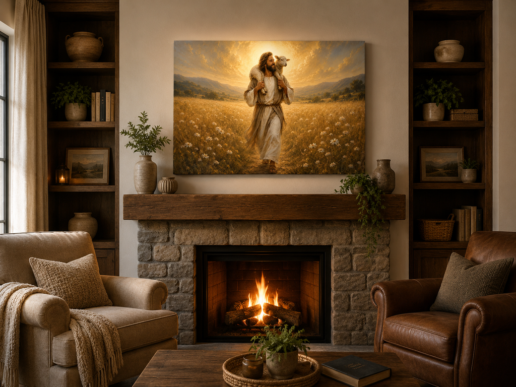 Jesus the Good Shepherd with Lamb Canvas Wall Art, Christian Faith Home Decor