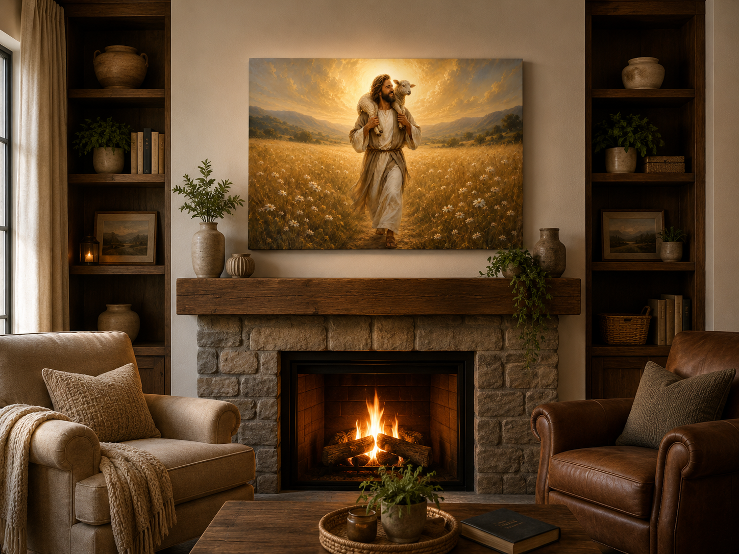Jesus the Good Shepherd with Lamb Canvas Wall Art, Christian Faith Home Decor