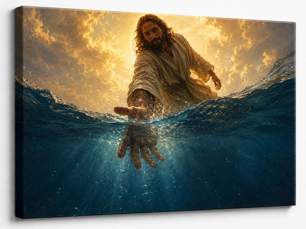Jesus Reaching Through the Water Canvas Wall Art, Christian Faith Decor
