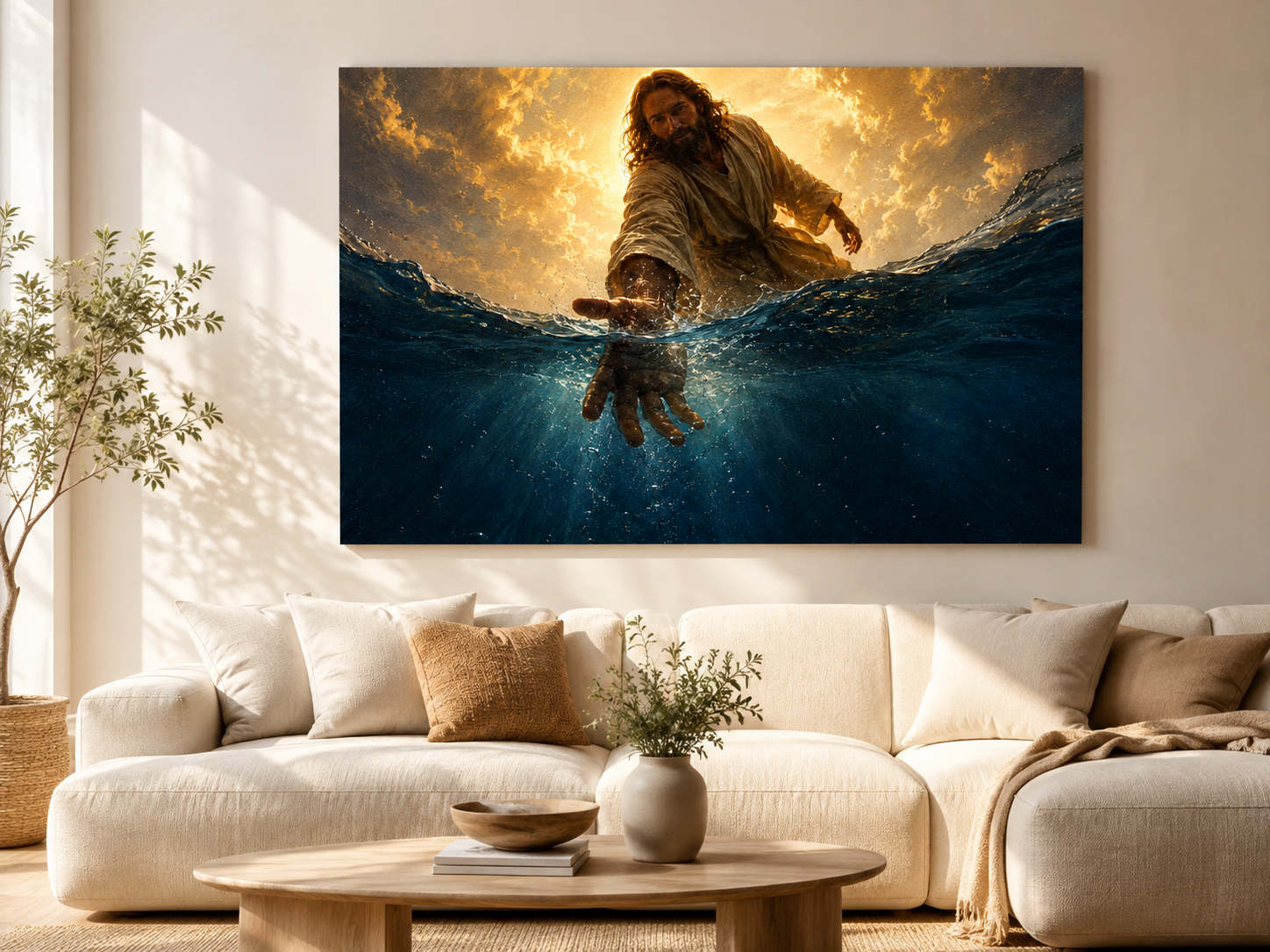 Jesus Reaching Through the Water Canvas Wall Art, Christian Faith Decor