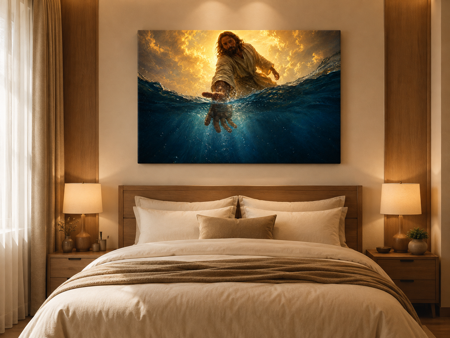 Jesus Reaching Through the Water Canvas Wall Art, Christian Faith Decor
