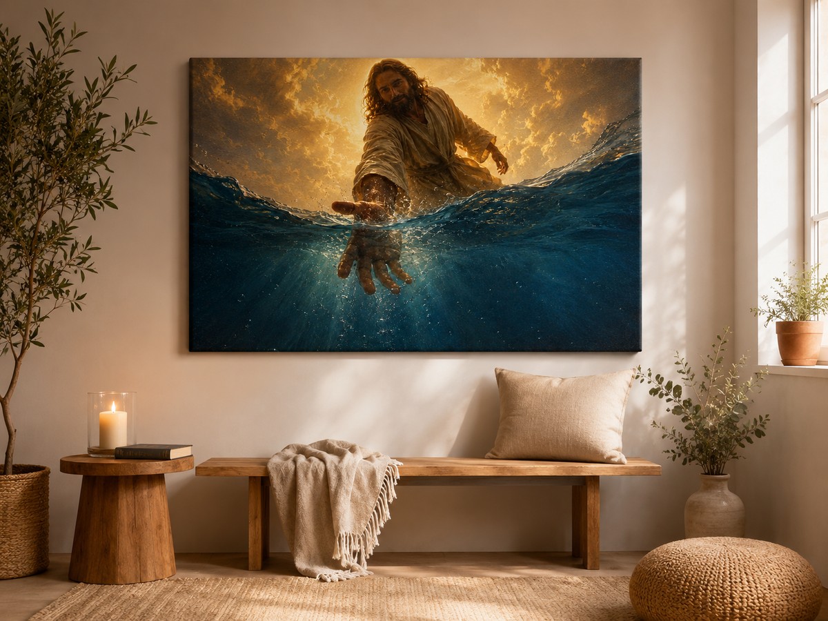 Jesus Reaching Through the Water Canvas Wall Art, Christian Faith Decor