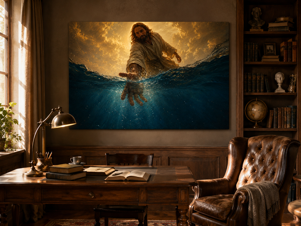 Jesus Reaching Through the Water Canvas Wall Art, Christian Faith Decor