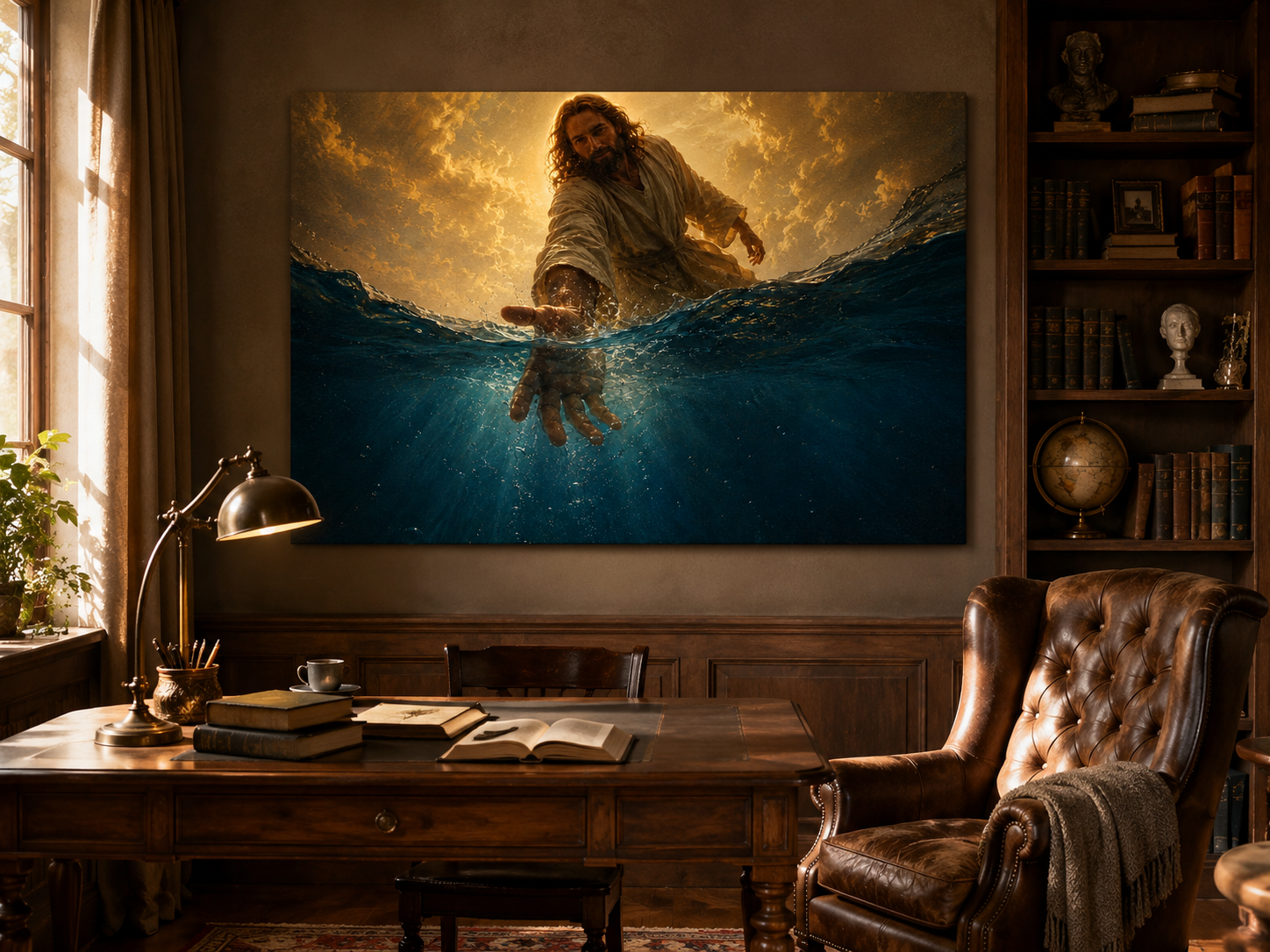 Jesus Reaching Through the Water Canvas Wall Art, Christian Faith Decor