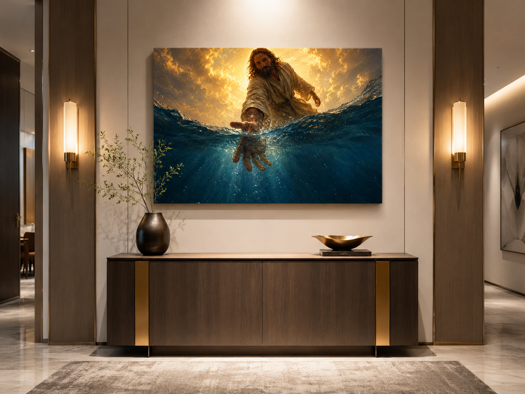 Jesus Reaching Through the Water Canvas Wall Art, Christian Faith Decor