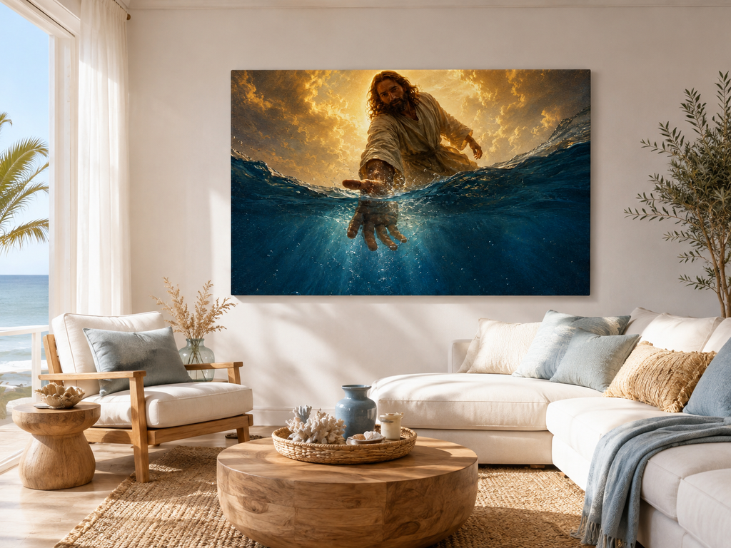 Jesus Reaching Through the Water Canvas Wall Art, Christian Faith Decor