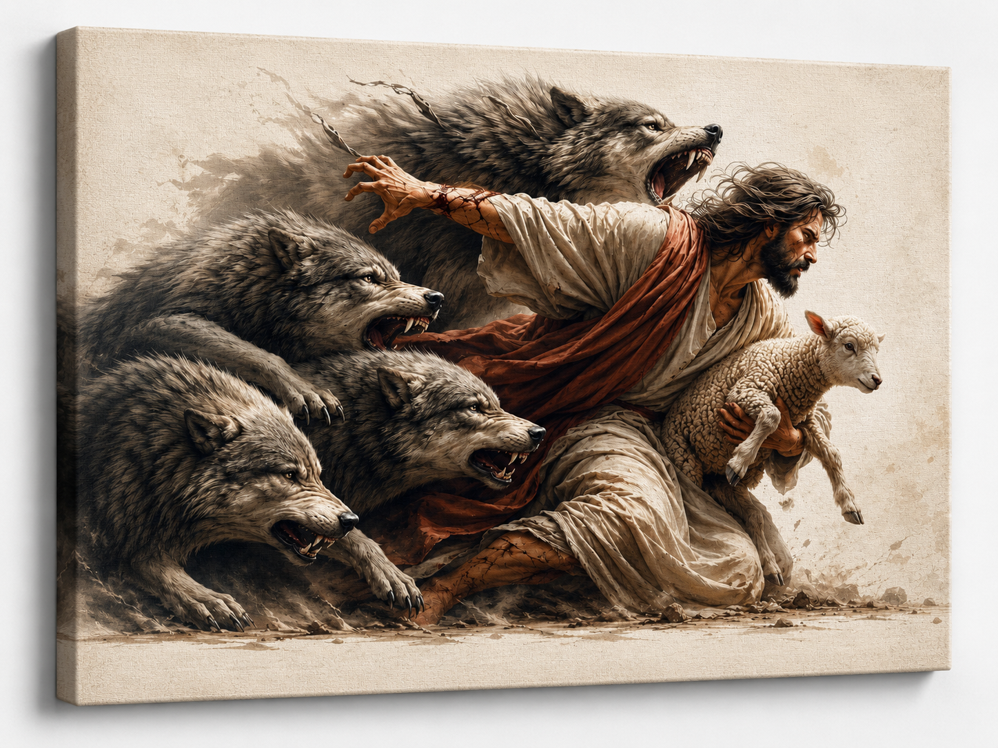 Jesus Protecting Lamb from Wolves Canvas Wall Art, Christian Home Decor