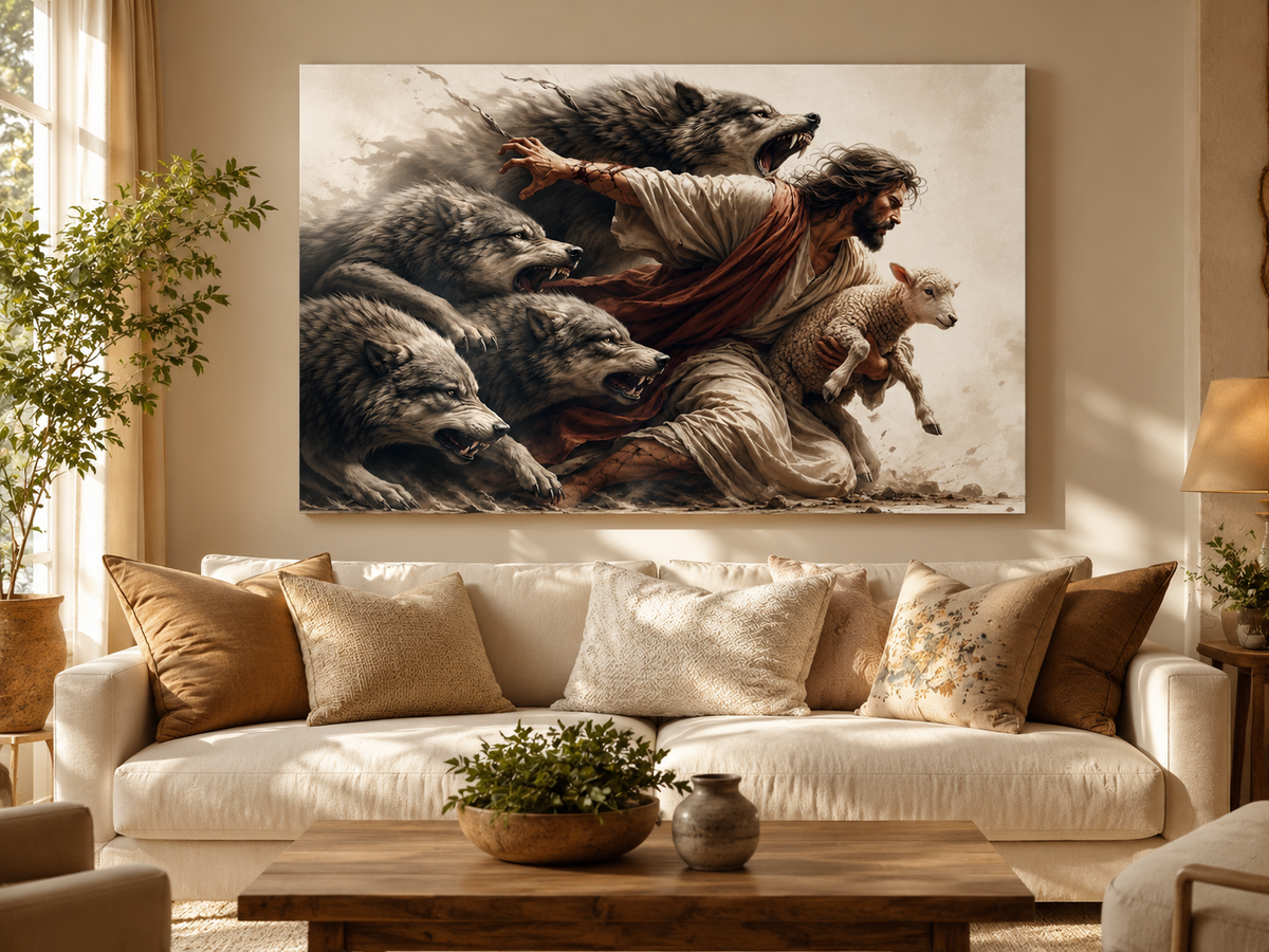 Jesus Protecting Lamb from Wolves Canvas Wall Art, Christian Home Decor