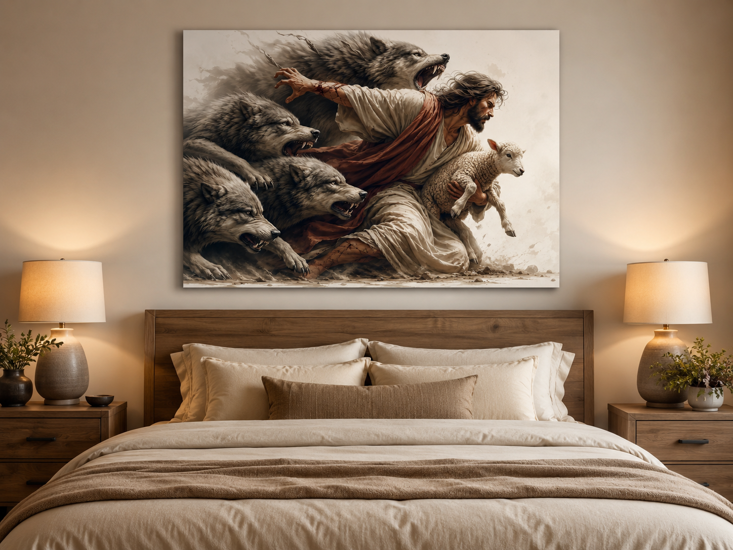 Jesus Protecting Lamb from Wolves Canvas Wall Art, Christian Home Decor