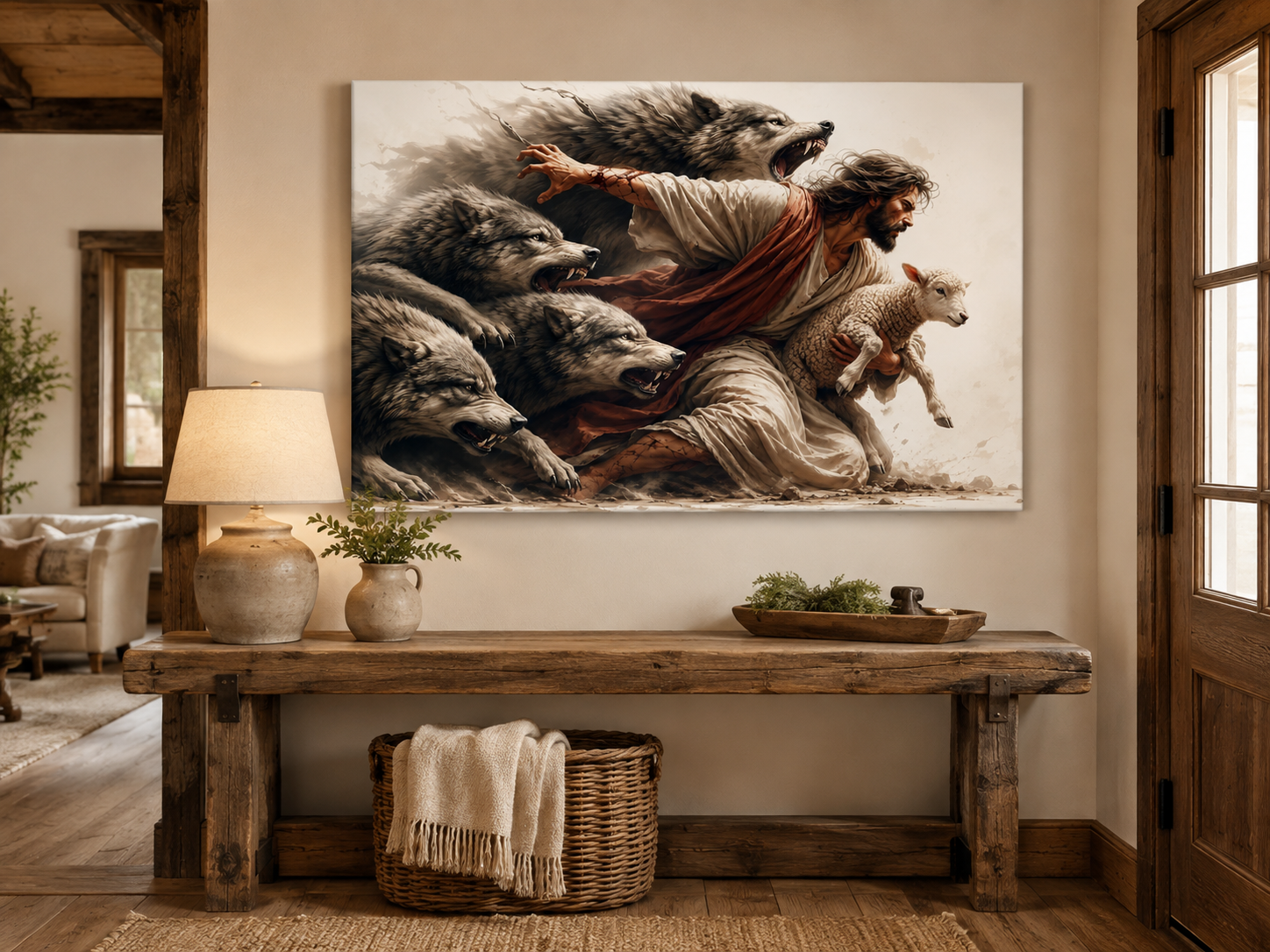 Jesus Protecting Lamb from Wolves Canvas Wall Art, Christian Home Decor
