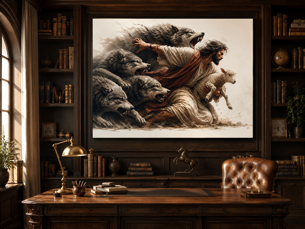 Jesus Protecting Lamb from Wolves Canvas Wall Art, Christian Home Decor