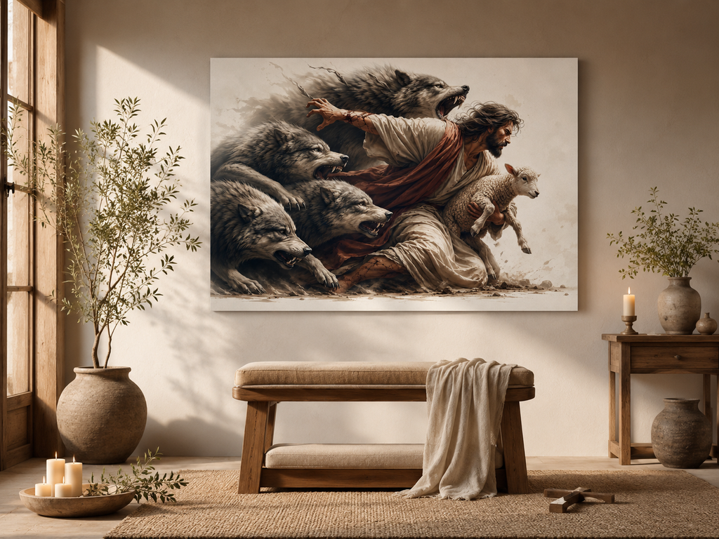 Jesus Protecting Lamb from Wolves Canvas Wall Art, Christian Home Decor
