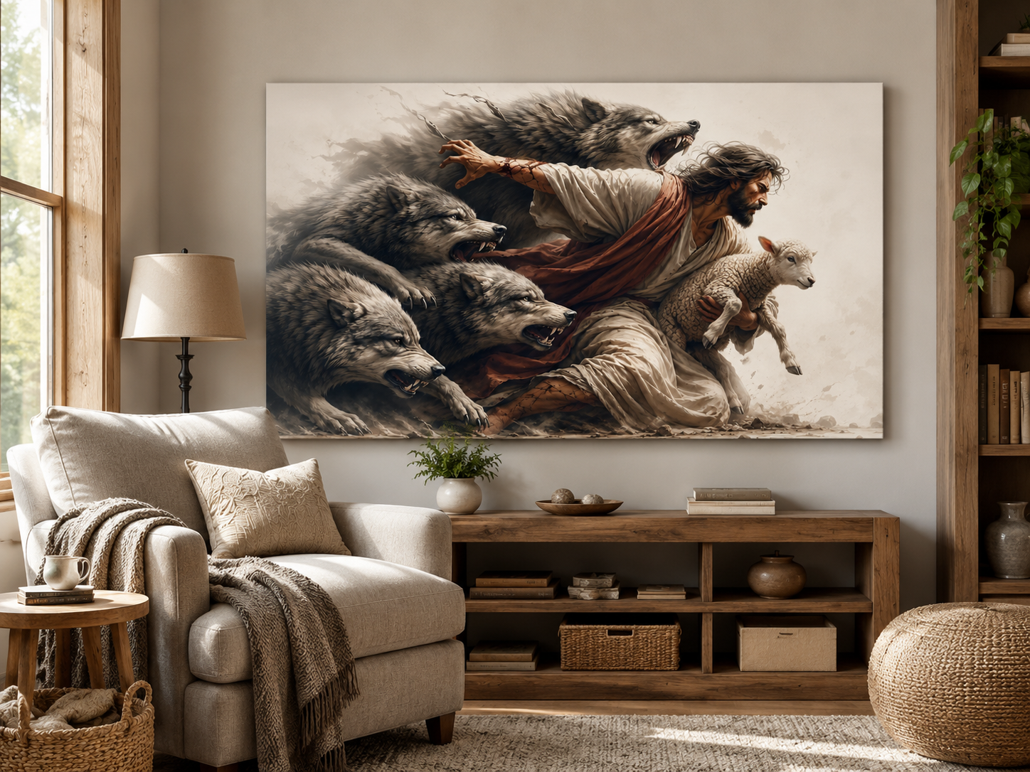 Jesus Protecting Lamb from Wolves Canvas Wall Art, Christian Home Decor